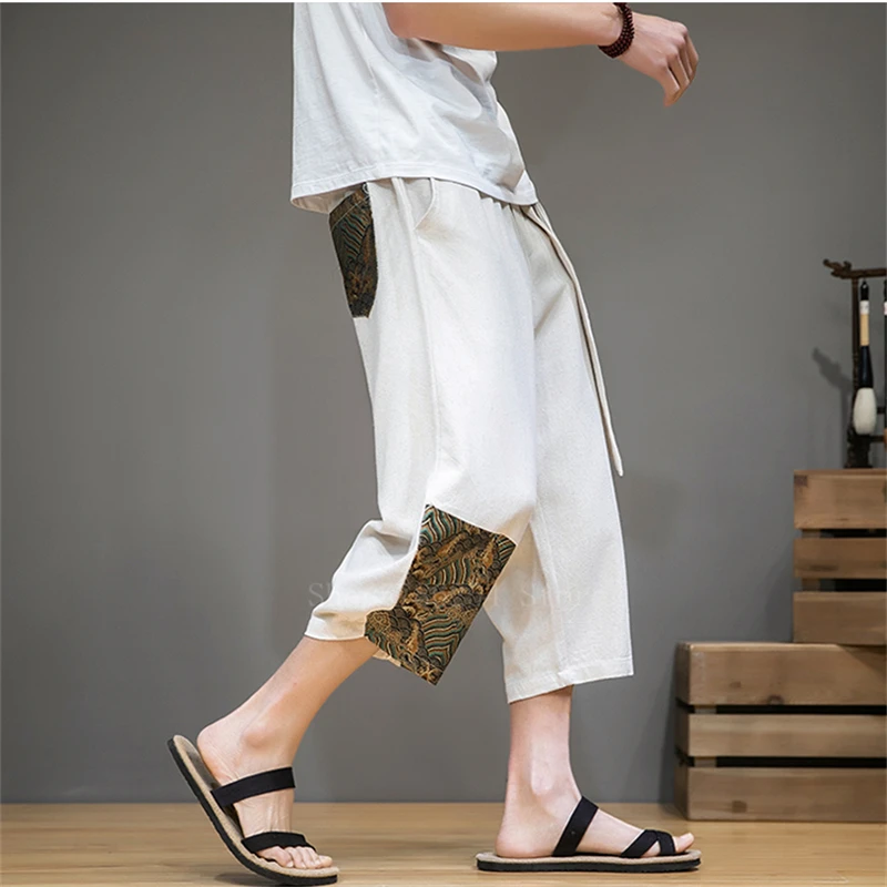 Брюки мужские хлопково льняные с вышивкой модные широкие штаны в японском стиле