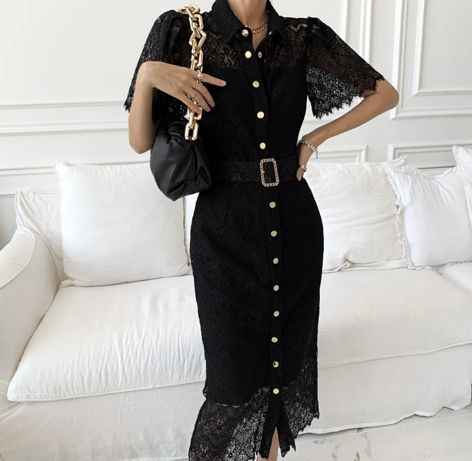 

Elegant Fashion Hollow Out Lace Dresses for Women Summer Flare Sleeve Single Breasted Dress with Sashes YOU549