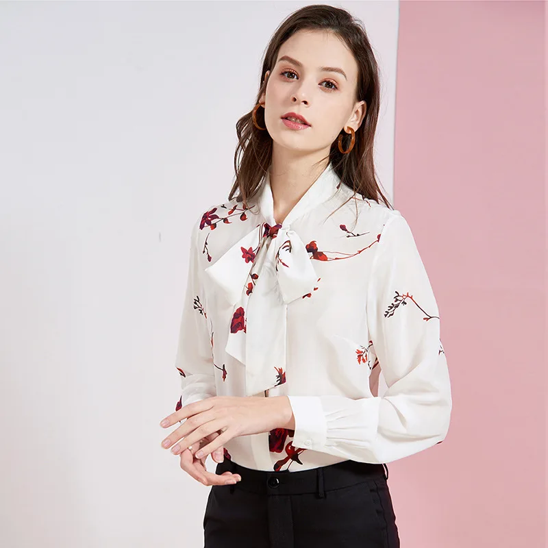 women tops and blouses white silk red floral bowknot high quality OL 2020 summer office shirts long sleeve casual sexy plus size