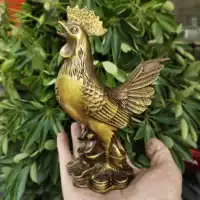 Pure copper lucky ingot rooster statue, living room decoration artwork, Chinese vintage antique handmade sculpture