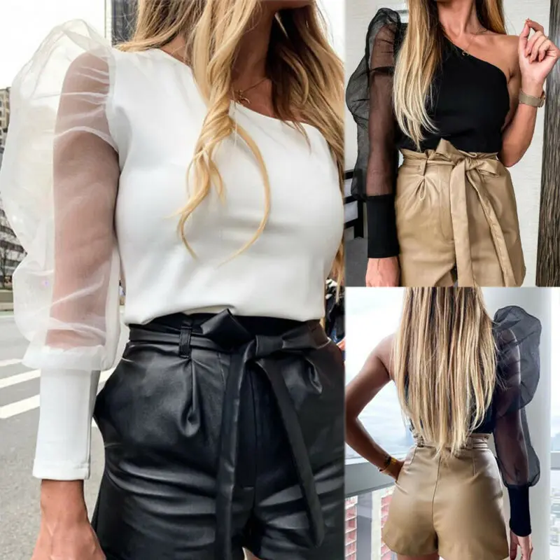 Боди женское Сетчатое на одно плечо с пышными рукавами элегантное пикантное