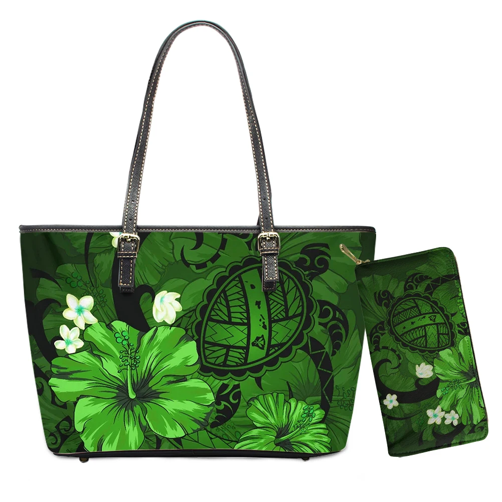 

KUILIU Hot Selling Women PU Leather Shoulder Bag And Wallet Hawaiian Sea Turtle With Hibiscus Printing Large Capacity Sac