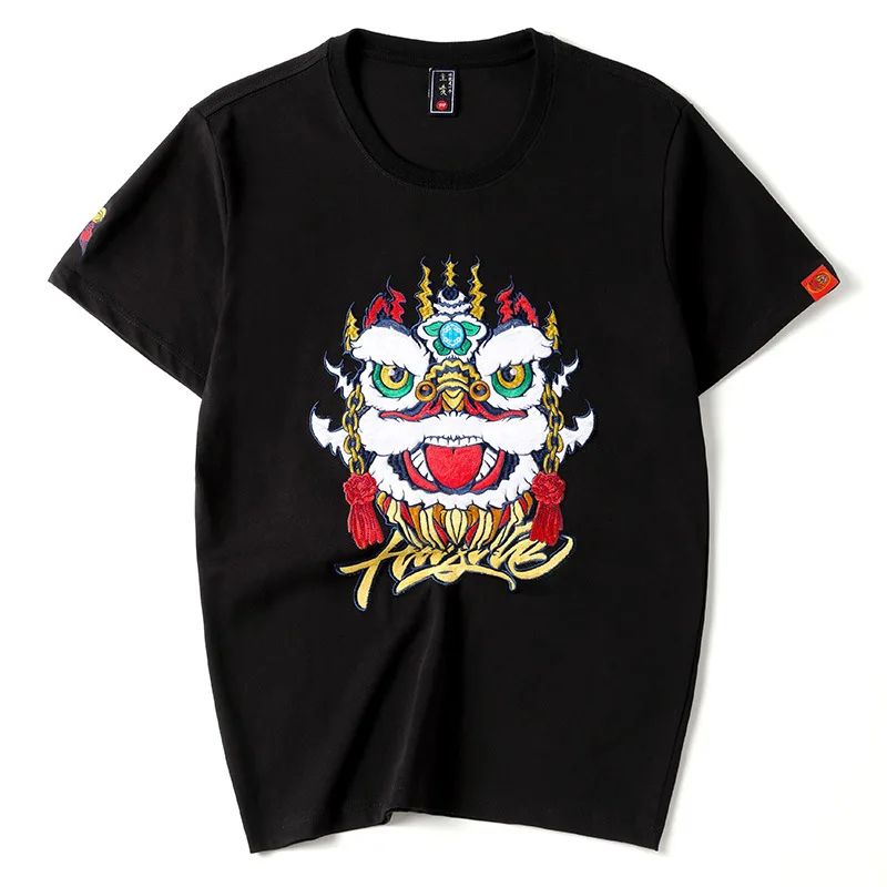 

Men's T-Shirt Black White Cotton Top Short Sleeve Chinese Style Lion Awakening Embroidery For Loose Casual T-Shirt Men Clothing