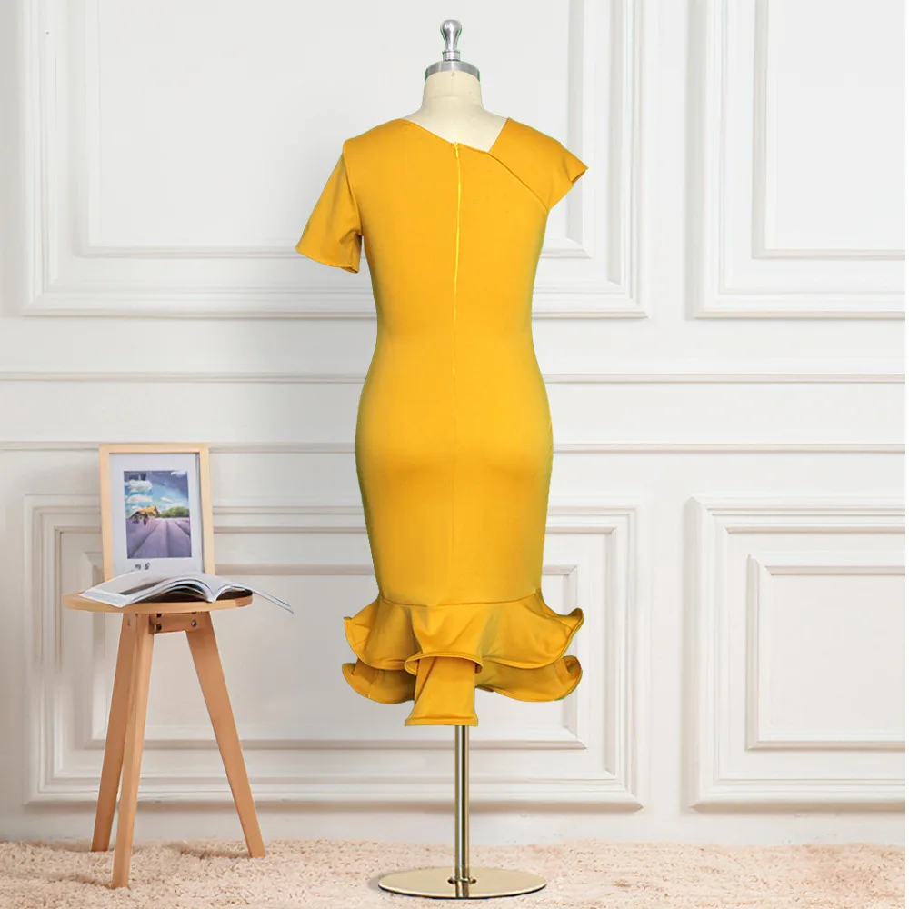 Оранжевое платье с оборками и русалкой асимметричный бант Коктейльные Вечерние