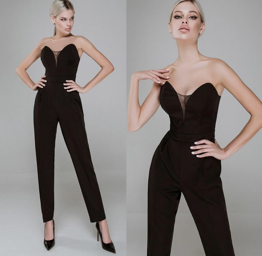 

Classic Long Black V-Neck Jumpsuit Evening Dresses Corset Back Satin Pant Abendkleid Robes de Soirée for Women