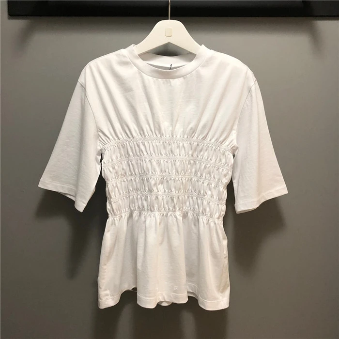 

2021 Spring Summer Women Tops 100% Cotton T-Shirt Short Sleeve Tee Ladeis Solid Color Shirt Slim Waist Pleated T-Shirt