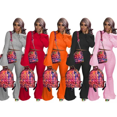 

New Product Solid Color 2 Piece Outfits For Women Sets Flare Sleeve Hoodies Top + Skinny Flare Pants Trendy Chic Party Wear