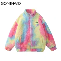 winter fuzzy fleece jacket hip hop streetwear harajuku rainbow tie dye colorful fluffy zipper coat mens harajuku warm jackets