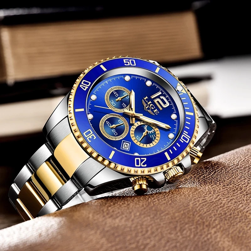 Часы наручные LIGE Мужские кварцевые с хронографом роскошные деловые