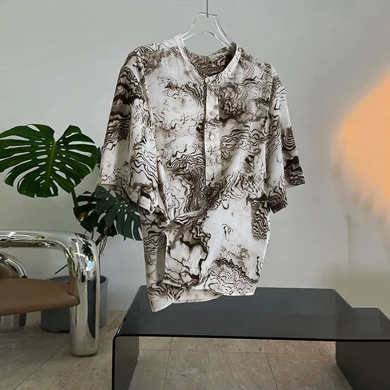 

XITAO Contrast Color Print Women Shirt Irregular Splicing Buttons Summer New O-neck Casual Fashion Loose All-match CLL1156