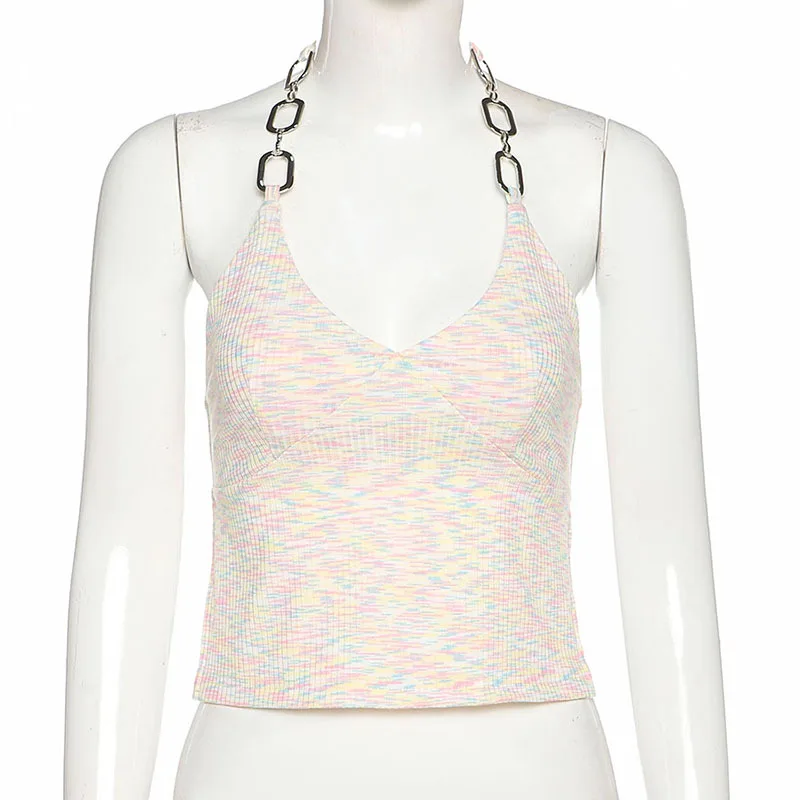 

Summer Y2K Aesthetics Multicolor Stripe Sexy Crop Top Backless Chain Halter Tops Fashion V-neck Streetwear Camis Tank Tops 2021