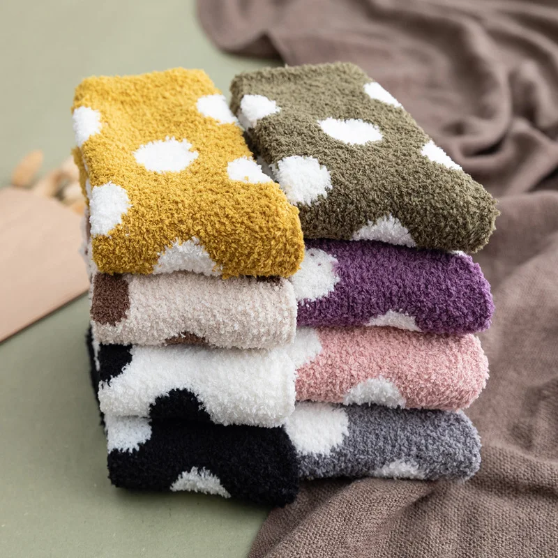 

Socks Women Cute Candy Color Solid Soft Fluffy Dot Socks Coral Velvet Winter Warm Home Indoor Floor Terry Towel Fuzzy Sock Sox