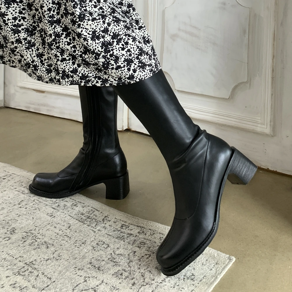 

DORATASIA Classic Retro Round Toe Fashion Mid Calf Female Boots Ins Sewing Boots Women High Heels Zipper Shoes Woman