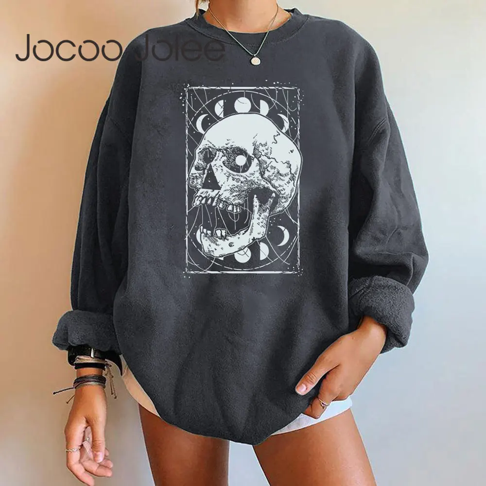 

Women Vintage Skull Print Loose Sweatshirt Y2K Harajuku Oversized Hoodies Casual Autumn O Neck Fleece Pullovers Streetwear