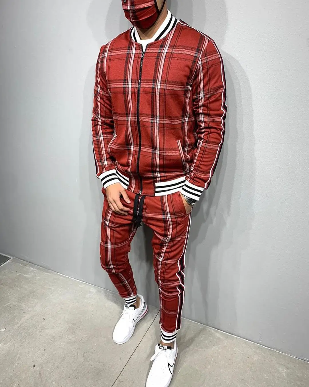 

New Men Clothes Gentleman Flower Plaid Men's Suit Coat + Track Pants Set 3XL High Quality Printing Zipper Two-Piece Set Spot