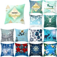 merry christmas cushion cover blue cotton linen throw pillows case for home office sofa decor