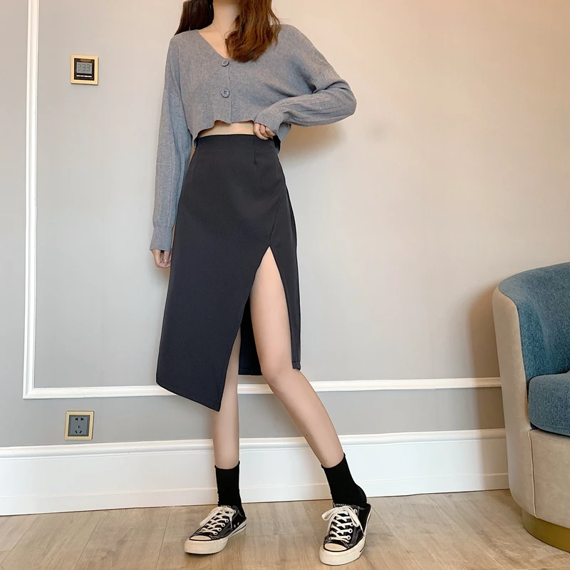 

Summer 2021 New Hong Kong Style Black Skirt Split Skirt Women's Mid-Length High Waist A- Shaped Slimming Hip Skirt