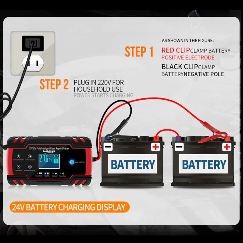 12V/24V для автомобилей и мотоциклов Батарея Зарядное устройство с ЖК дисплей