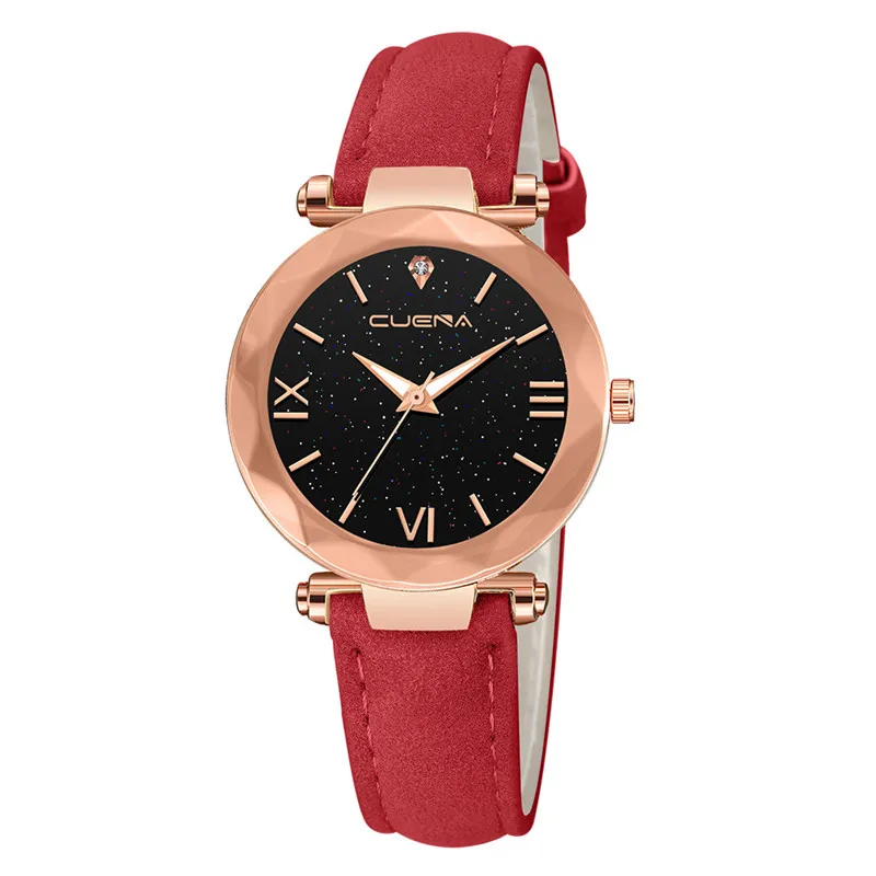 Женские часы CUENA модные с кожаным ремешком аналоговые кварцевые бриллиантами