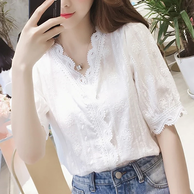 

Women Casual Short Sleeve Blouses Female White Shirt Sweet Lace Hollow Out Blouse