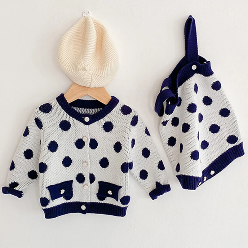 

0-3Yrs Autumn Kids Girl Suit Clothes Infant Baby Girls Dot Rompers + Long Sleeve Coat New Clothing Sets