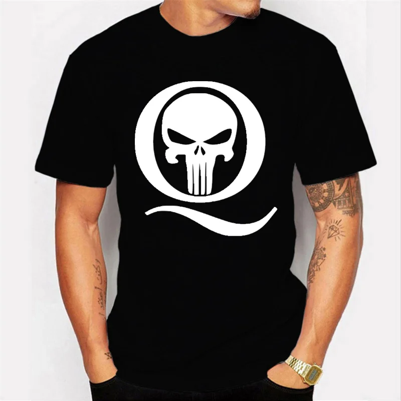 Qanon Q and Skull Print 100% хлопок короткий рукав Топ в белой мужской футболке|Мужские