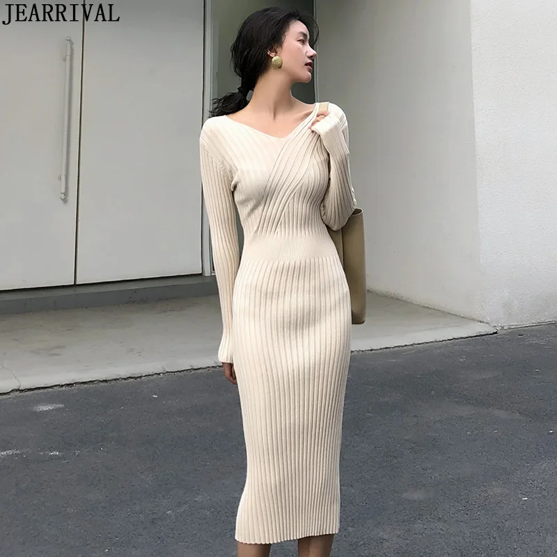 Элегантные длинные женские платья 2019 осень зима с v образным вырезом облегающее