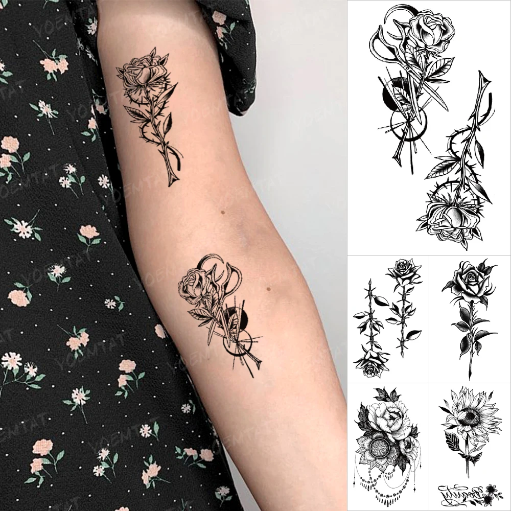 

Transfer Waterproof Temporary Tattoo Stickers Barbed Rose Flower Sunflower Henna Flash Tatoo Men Women Wrist Body Art Fake Tatto