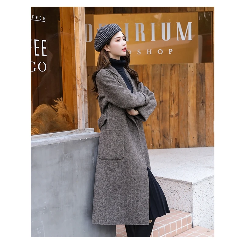 Женское клетчатое пальто Vinatge повседневное теплое шерстяное из искусственной