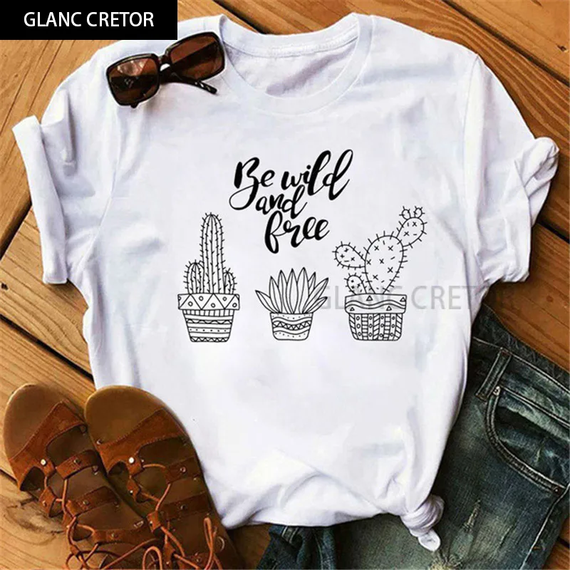 

New Fashion Women Tshirt Harajuku T-shirt Cute Tee Cartoon Peace and Cactus Printed Tops Tee Female Graphic T-shirts Clothes