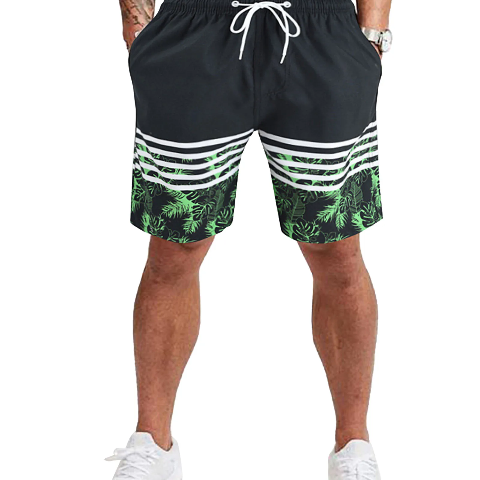 

Для мужчин кулиска Пляжные шорты, летние, с эластичной резинкой на талии в полоску с принтом в виде листьев Короткие штаны размера плюс