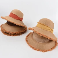 new womens summer hat sun protection cap female flat top fringed edge wide brim hat ribbon raffia straw hat beach hat sun hats