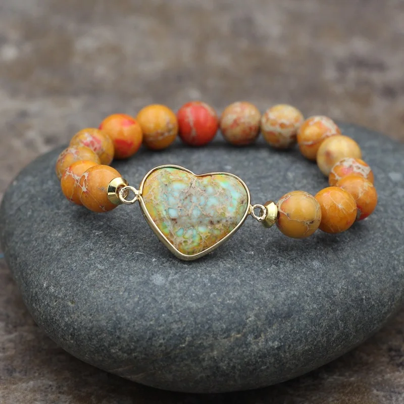 

Colorful 10mm Beads Stones Wrap Bracelet Yoga Lovers' Heart Charm Bracelet For Romantic Women Lady Fashion Pendant Jewelry Love