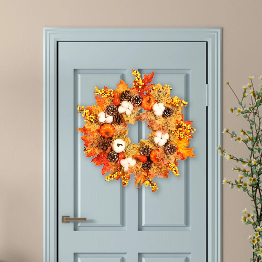 

45cm Artificial Cotton Pumpkin Wreath Door Autumn Christmas Thanksgiving Home Fall Harvest Halloween Decors Ornament