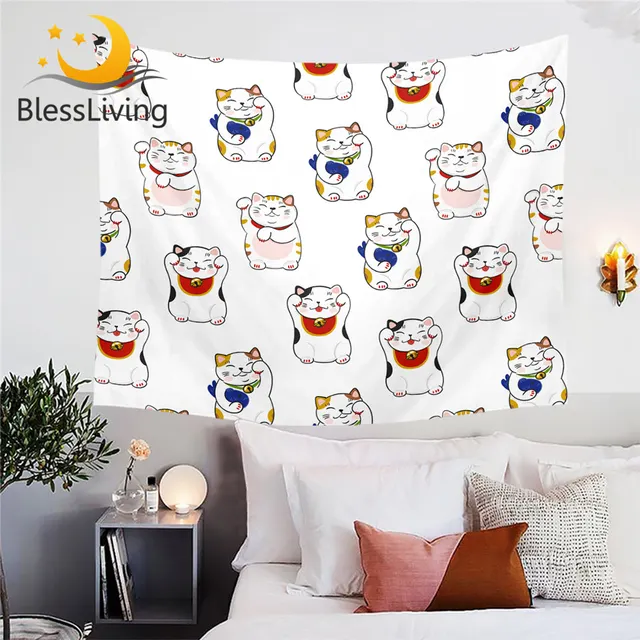 BLessliving Maneki Neko Tapestry Wall Hanging Beckoning Cat Wall Carpet Japanese Lucky Cat Bedspreads Cartoon Custom Tapestry 1