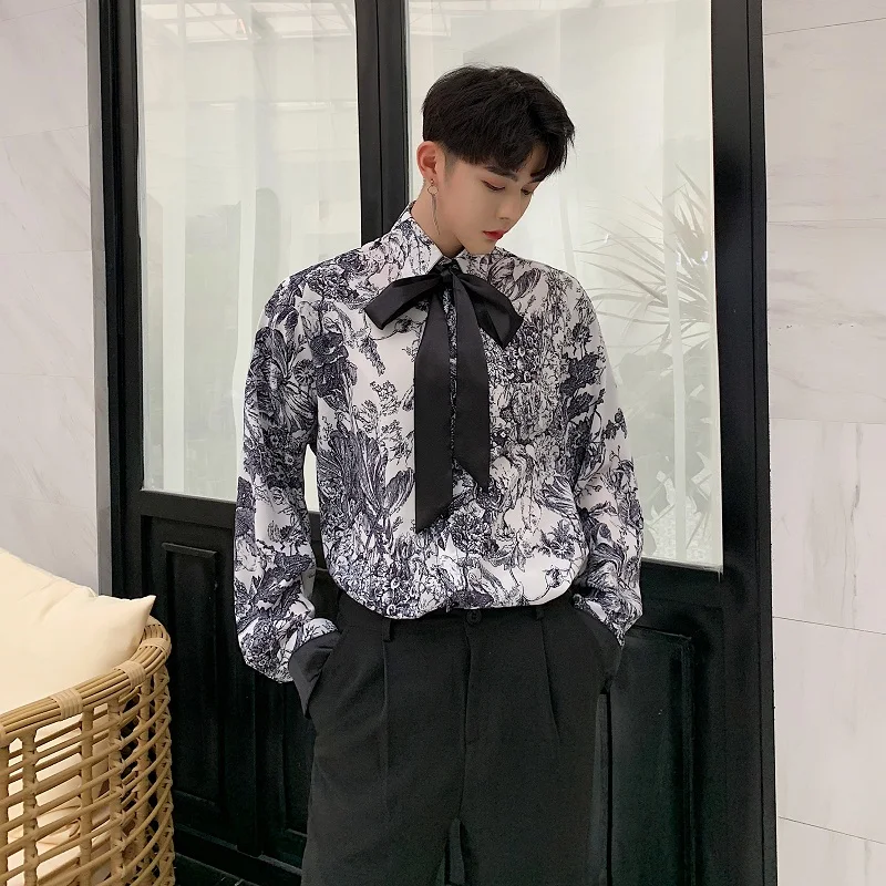 Мужская Повседневная Свободная рубашка с длинными рукавами и галстуком-бабочкой