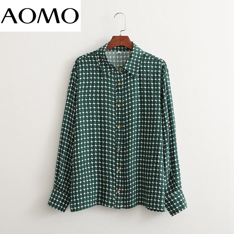 

AOMO 2021 Autumn Women Green Geometry Print Shirt Blouse Long Sleeve Chic Female Office Lady Tops 1D411A