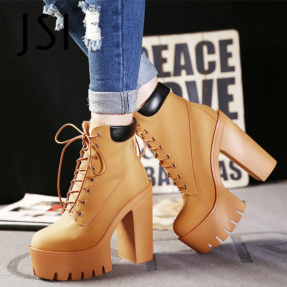 

JSI Platform Women Ankle Boots Sexy Nightclub Plus Size 35-42 Boots Lace-Up All-Match Chunky Heels Trend Women Shoes VO682