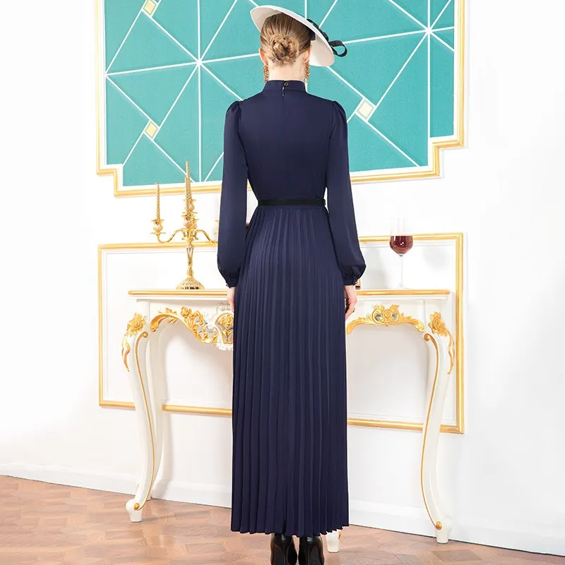 

Plus Size Clothing 2020 Autumn Fashionable Women Turn-down Collar Metal Button Up Long Sleeve Dark Blue Long Maxi Dress Elegant