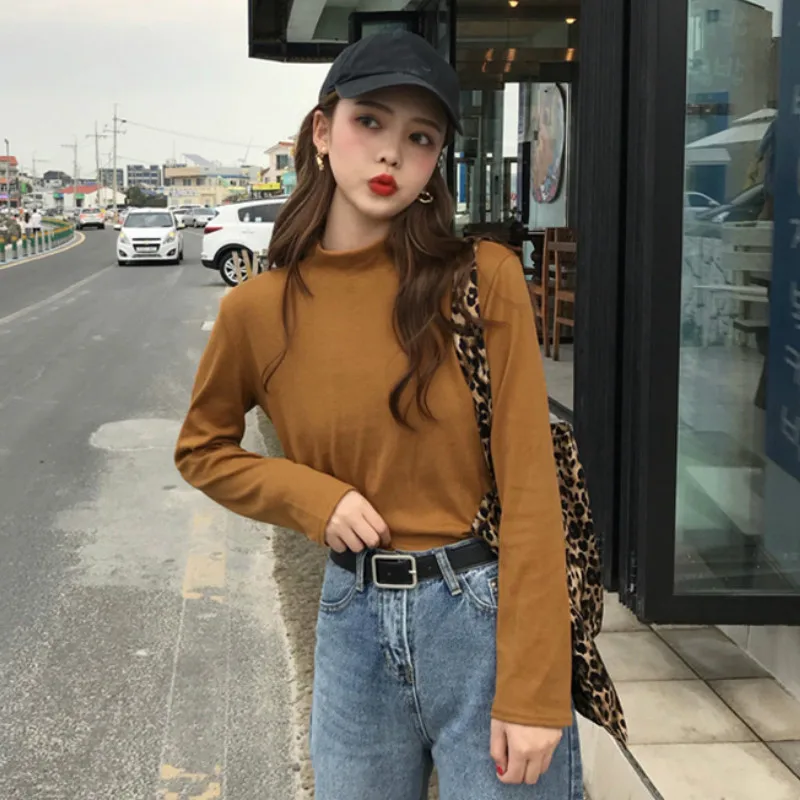 Tee Women Female Solid O-Neck Long Sleeve Leisure T-shirt for Lady Ins New Slim 8 Color Basic Spring Top Korean All-match | Женская
