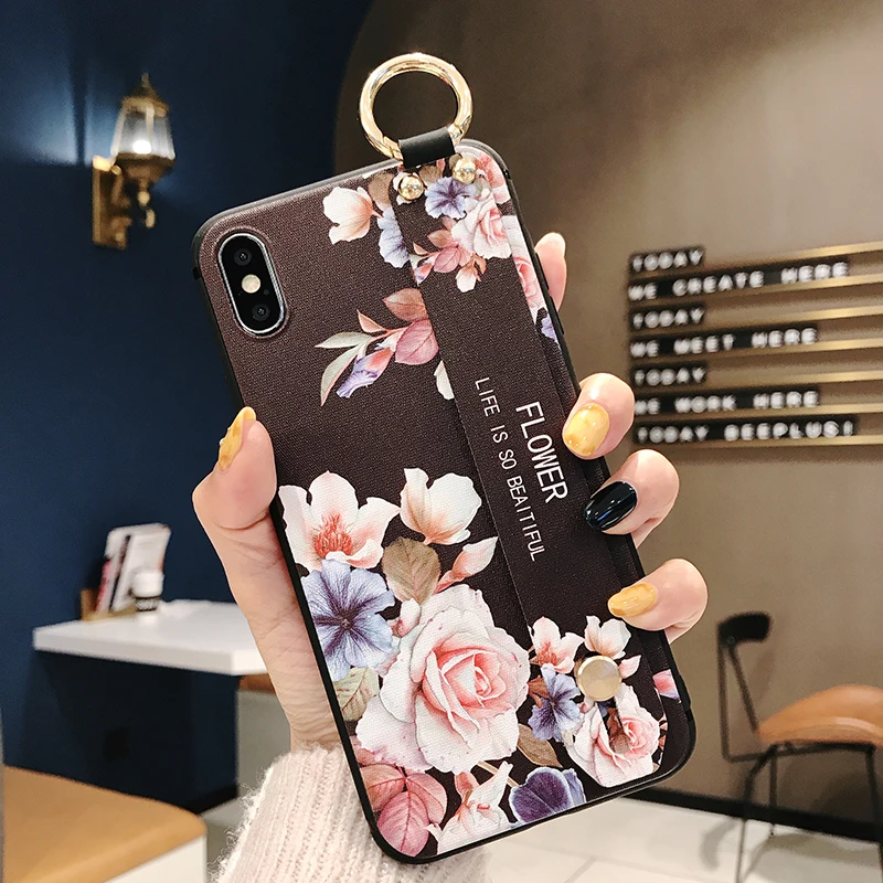 Q Розовый напульсник чехол для телефона Etui iPhone 11 Pro Мягкий ТПУ Цветок накладка держатель для телефона для iPhone 7 8 6 6S Plus X XS XR XSMax Funda - Цвет: Q