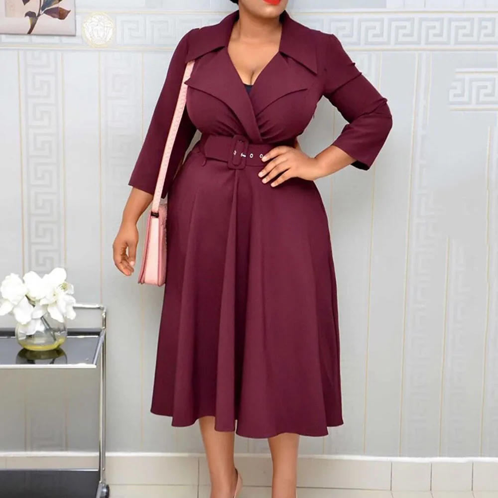 

2021 Temperament Women's Commute Solid Color V-neck High Waist Summer Dress African Oversize Draw Back Long Sleeve