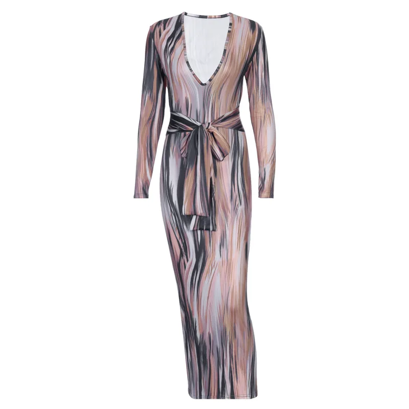 

2020 Autumn New Women's Sexy Temperament Cool Printed Long-Sleeved V-neck Dress