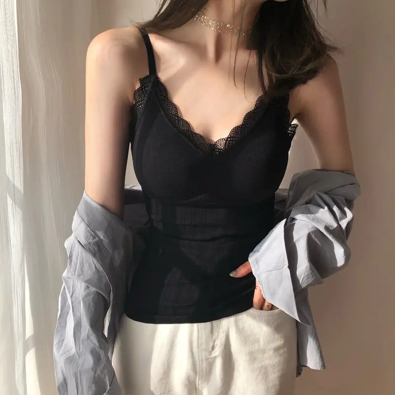 

Autumn and Winter Lace Camisole with Chest Pad Women's Inner Warming Bottoming Shirt, Korean Style Slim Sleeveless Top Corset