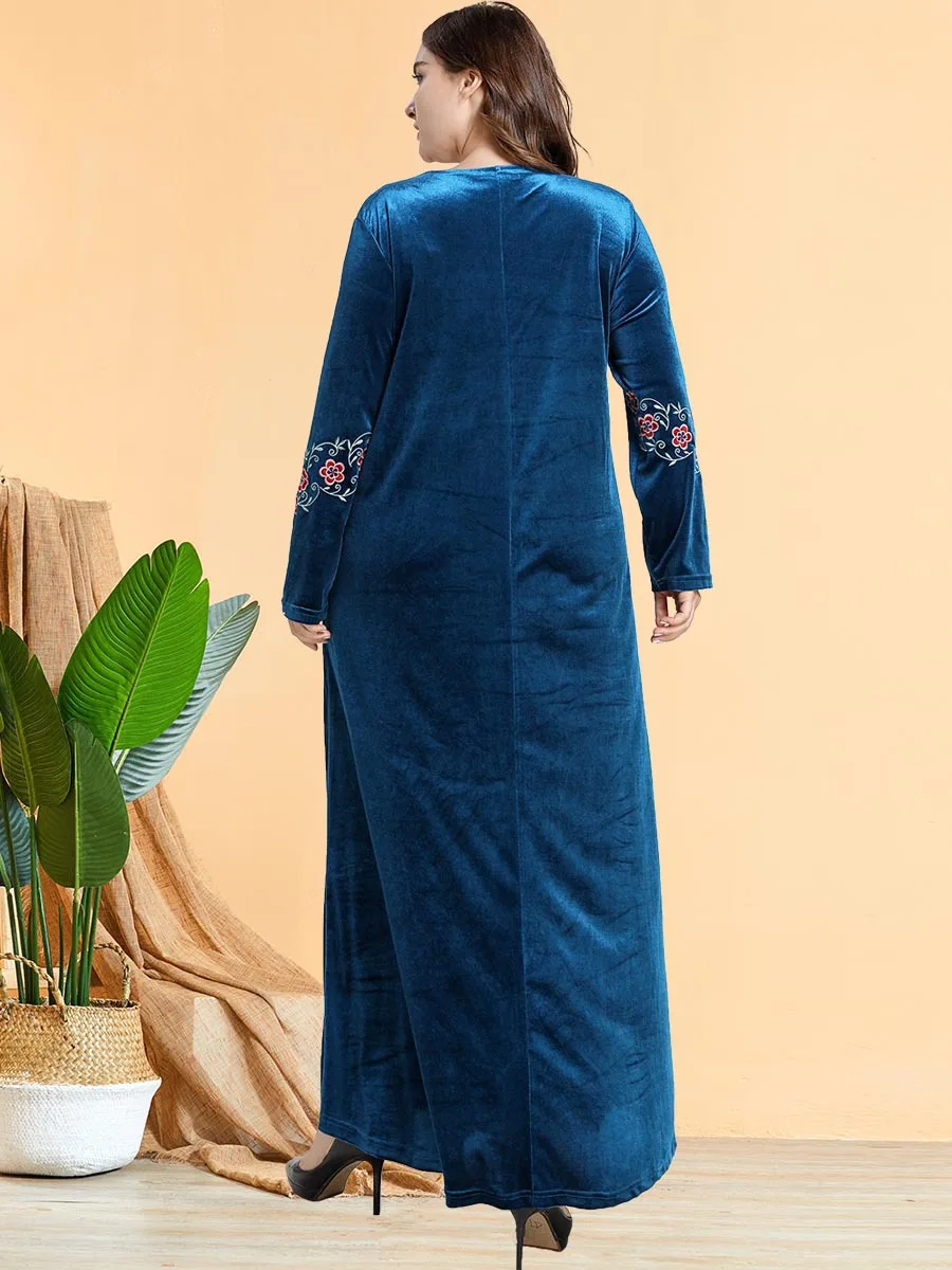 

winter women ethnic velvet floral embroidery maxi dress fashion full sleeve plus size casual african arabic muslim gown