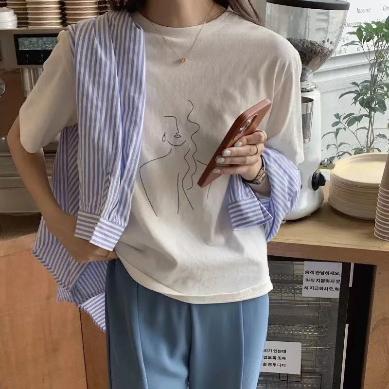 

Limiguyue Summer T Shirt Women Loose Casual Tee Shirts Round Neck Sketch Print Tshirts Short Sleeve Tops White Apricot K2711