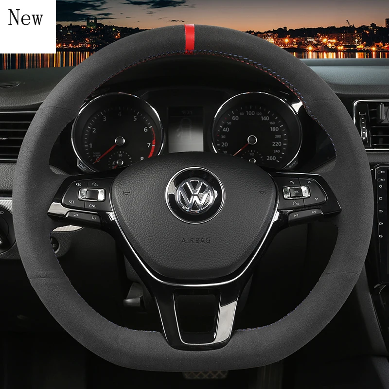 

for Volkswagen Magotan B8 B6 DIY Hand-stitched Leather Black Suede Car Steering Wheel Cover Car Accessories