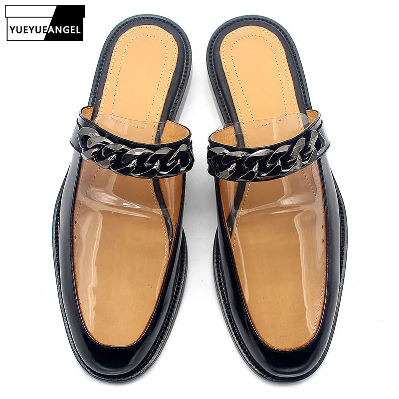 

Brand Handmade Mens Slippers Genuine Leather Flats Summer Metal Chain Loafers Flat Sandals Leisure Cowhide Party Shoes Men