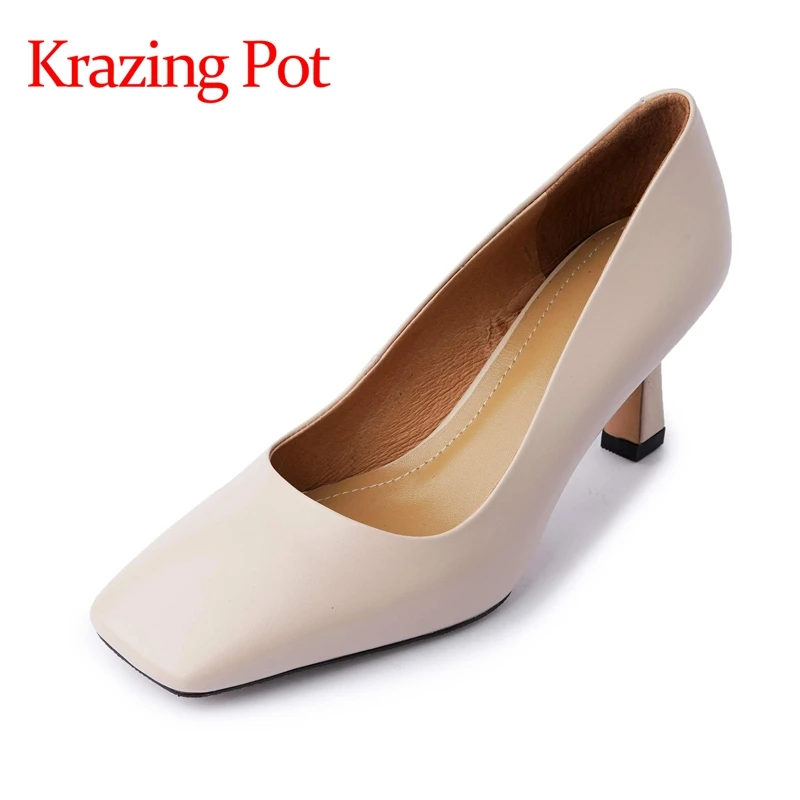

Krazing Pot new genuine leather square toe high heels shallow solid gentlewomen mature sweet gentlewomen slip on women pumps L33