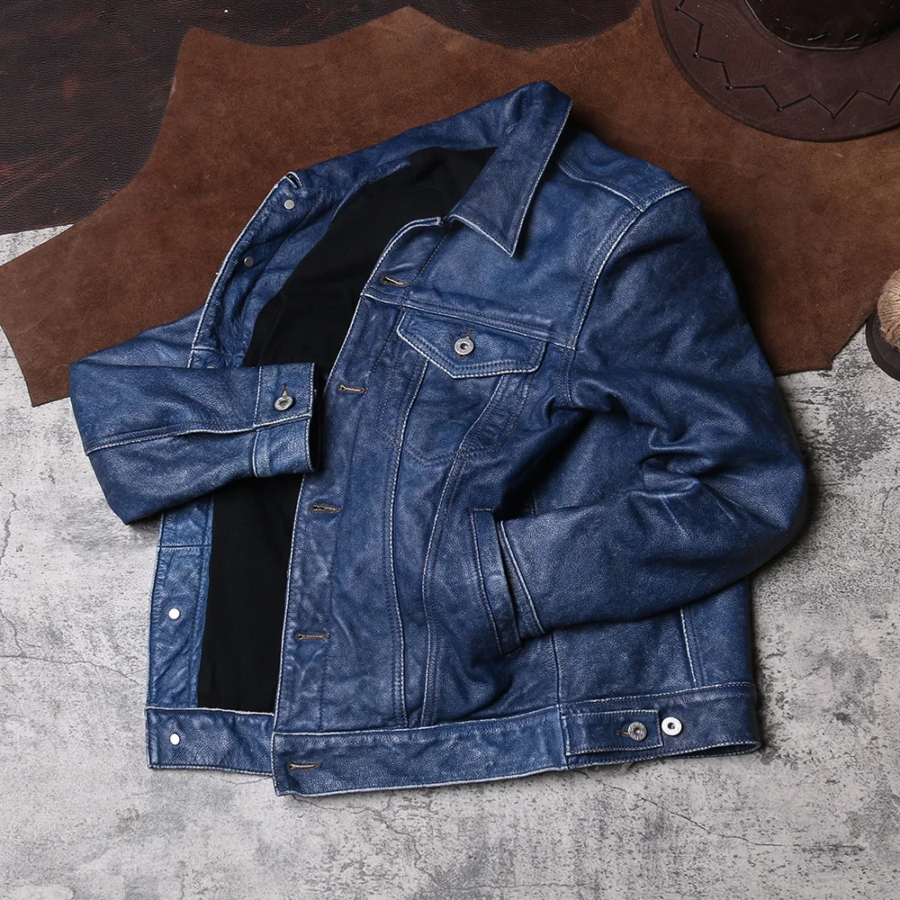 2022 винтажная синяя Повседневная стильная мужская куртка из натуральной кожи